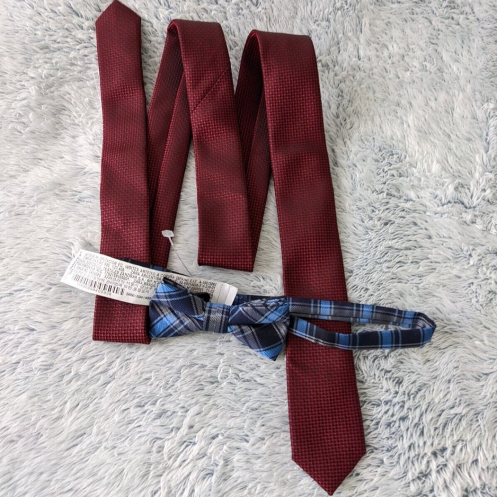 2 Zara Boy Accessories Bundle Dressy Jacquard Slim Red Tie + Plaid Bow Tie NEW